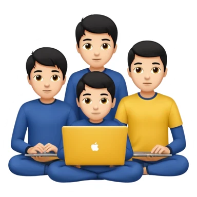 technologist using laptop coding with 2 other technologist color yellow three of it is boy  that using 3 laptop the hair is black and the cloth is dark blue sticker