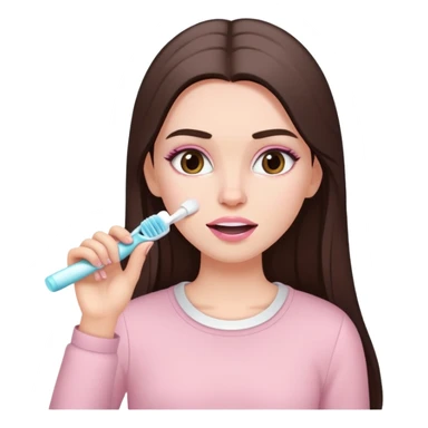 A white girl with makeup with long dark brown straight hair in pale pink clothes brushes her teeth sticker
