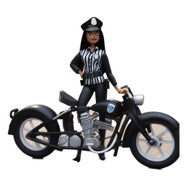 Silkstone Lingerie Barbie, Wednesday Addams from academy in vertically-striped dark-gray and black London police officer’s uniform with hat. Leaning back at the hips, riding a wheelie on a hot rod bike smiling  sticker