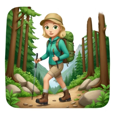 woman hiking in the woods in the sunshine. light face and green eyes. sticker