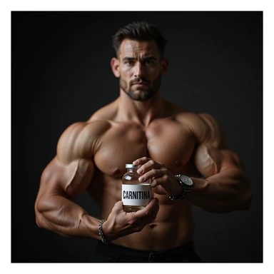 hyperrealistic bodybuilder holding a vial with a clearly visible label reading 'CARNITINA' in large block letters, muscular details, dramatic lighting, 4k quality sticker