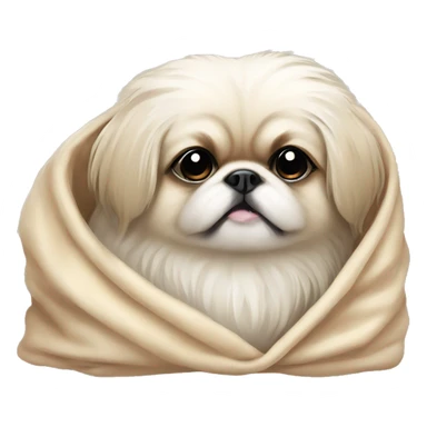 White Pekingese cozy in beige blanket sticker
