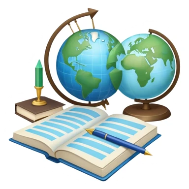 Create an emoji representing language translation. The design should feature a globe in the background, symbolizing international communication. In front of the globe, place two books or sheets of paper with texs on them and a pen nearby to indicate the act of writing. Add two arrows pointing in opposite directions between the sheets to represent the translation process. Use a clean and professional color palette with blues, greens, and neutral tones. Make the background transparent. sticker