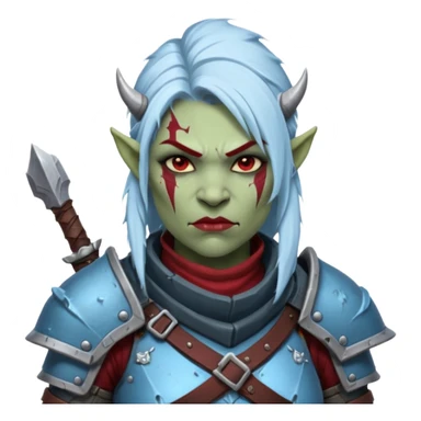 Fantasy Christmas orc legion soldier icon, iron tundra army theme, heavy winter armor, disciplined brutal look, cold steel armor cracked with frozen crimson lines, bloodfrost effect, icy blue and dark red color palette, minimal clean emoji style, female variant sticker