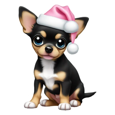 black & tan chihuahua puppy full body light blue eyes pink christmas hat on sticker