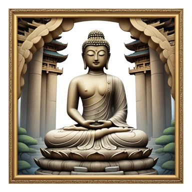 Cinematic Realistic image of the Big Buddha Monument of Sinheungsa Temple, portrayed as a towering, serene Buddha statue carved from weathered stone with intricate details and a gentle meditative expression, set within an ancient temple landscape enveloped in soft, ethereal lighting that underscores its spiritual majesty. sticker