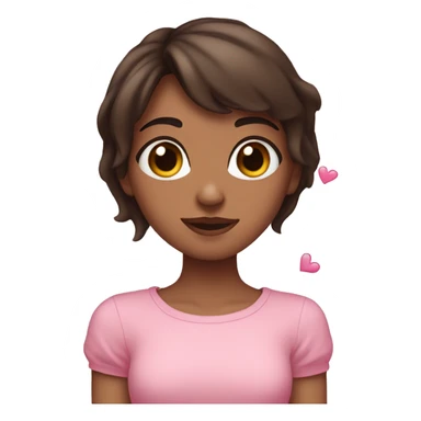 short-medium hair brunette girl making hearts with her hand and pink hearts around her and has heart eyes pink  sticker