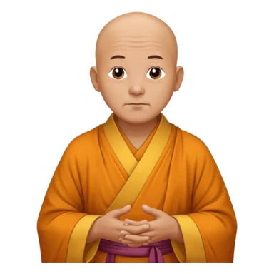 A old bald monk wearing traditional robes, calm expression, hands clasped, in a serene setting sticker