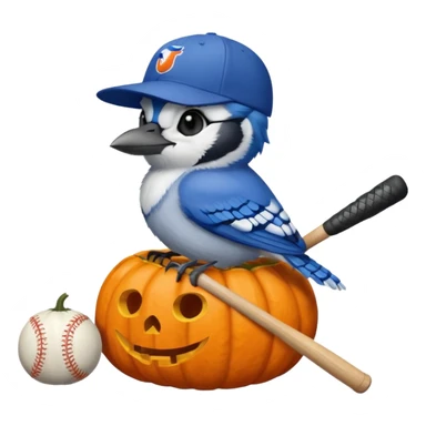 bluejay wearing MLB bluejay baseball hat holding a baseball  bat sitting on a Halloween pumpkin  sticker