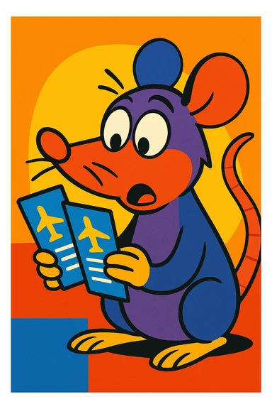 a cartoon style rat searching for airplane tickets sticker