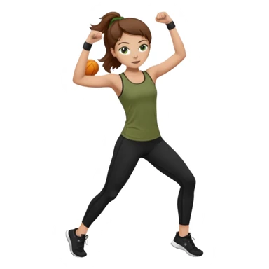 Girl with green eyes, brown hair, light skin, and freckles wearing an olive green top with black leggings working out sticker
