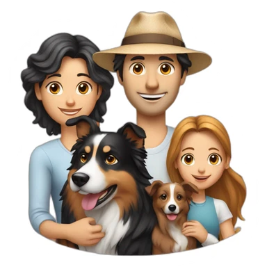 family group of three consisting of man in hat and woman with long hair in ponytail and small border collie dog sticker