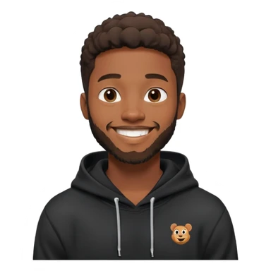 African yound man in his late 20s with a  bright smile with a short boxed beard, black hoody in Pixar cartoon style sticker