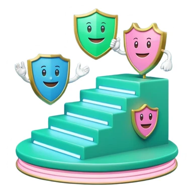 Minimalist 3D emoji-style podium with 2 steps on a green chroma key background. Step 1 (higher) features a handshake icon with blue neon glow. Step 2 (lower) features a smiling tooth with a shield icon and pink neon glow. Clean rendering, soft colors, uniform lighting sticker