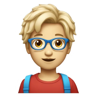 Un enfant avec les cheveux châtains clair qui a des lunettes rondes bleues et rouge et qui mange une glace sticker