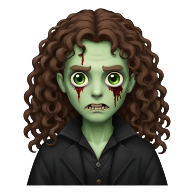 long curly haired zombie with brown hair color and green eye color, with dark vampire clothes sticker