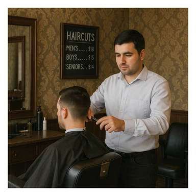 Draw me a picture of a barbershop that looks like this guy working in a barbershop. The barbershop doesn't have to be very modern. It should be on a medium floor. Also draw a blackboard on the wall. It should have the prices for haircuts there. sticker