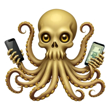 Intimidating octopus skeleton. Evil looking eyes, wearing a gold necklace. 3 tentacles are holding their own cellphone with one held to the side of its face as if its on a phone call, 2 other tentacles are holding stacks of money sticker