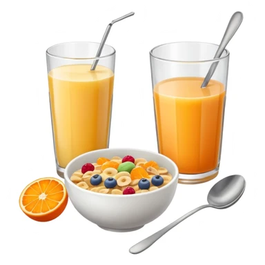 A glass of juice and a bowl with cereals sticker