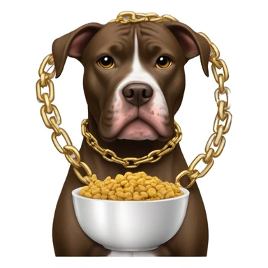 A dog pitbull with a big gold chain on that says “G-UNIT” and a bowl of dog food  sticker
