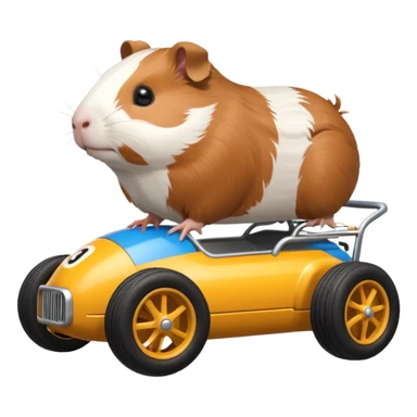 Special air-cooled three-cylinder race car whose frame and suspension is made of shopping cart material with a large rear-mounted gas tank, and rear spoiler, is being tested by a small Guinea pig sticker