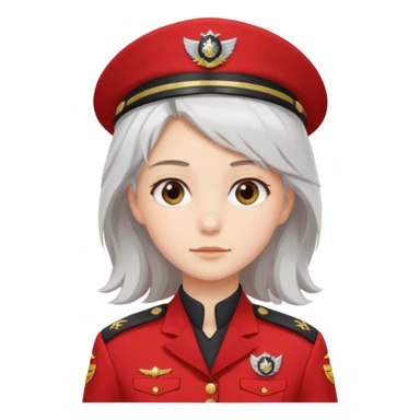 a girl with white loose hair, gray eyes maintains a calm expression on her face in a red captain's uniform to the waist sticker