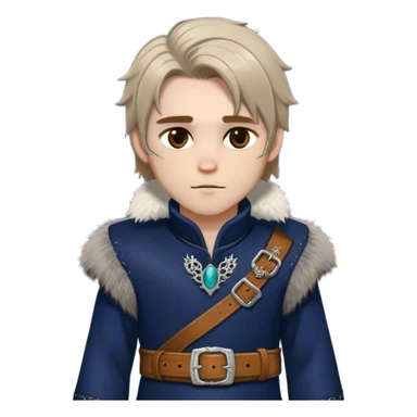 Medieval winter outfit worn by a DnD themed fantasy male character. Midnight blue felted wool tunic with silver fox fur collar, embellished with ornate metal clasps and a thick leather belt with decorative stitching. Clothes only above the waist, full waist coverage. The character has no arms. Character is white-skinned with honey brown hair, amber eyes, and shoulder-length straight hair with winter-weathered ends. sticker