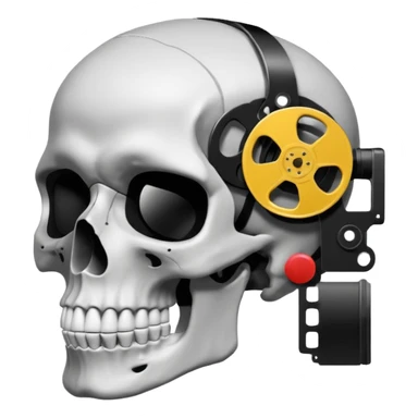 Minimalist emoji-style sticker of a human skull in profile, with a film reel replacing the brain. Grayscale icon with bold silhouette.
 sticker