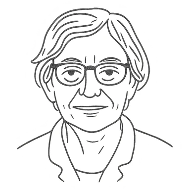 a hand drawn black outline portrait of philosopher Catherine Larrère with similar-sized eyes based a famous portrait of her sticker