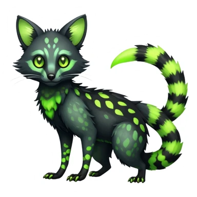 Rare realistic black edgy toxic radioactive-themed black fur with neon-lime-green-glowing  epic handsome gorgeous aesthetic vibrant Vernid-Trico-Genet-species-hybrid-Fakemon-creature by LiLaiRa, 4 legs, 1 tail, random markings, (full body) sticker