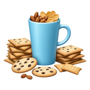 3D minimal icon with a variety of snacks (chips, cookies, crackers, nuts) arranged abundantly, plus a small neutral cup (not a soda cup). Include a subtle accent in #FF3D00. Clean and modern style. sticker