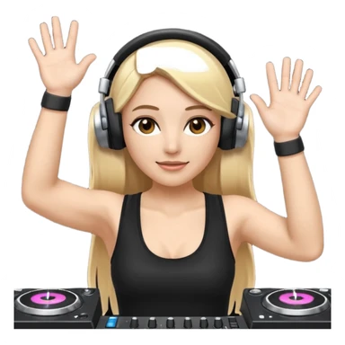 I want a white female dj animated gif emoji with long straight centre parting blonde hair, brown eye brows and putting hands up in the air. Wearing a black tight top with no sleeve. Also wearing DJ headphones  sticker