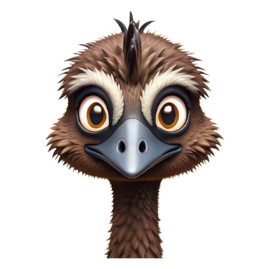 Cinematic Cute Emu Portrait Emoji, Head tilted playfully and inquisitively, featuring a glossy, textured brown plumage with a perky head and round, sparkling eyes full of curious wonder, Simplified yet irresistibly adorable features, highly detailed, glowing with a warm, friendly glow, high shine, affectionate and lively, stylized with a touch of outback whimsy, bright and endearing, soft glowing outline, capturing the essence of a mischievous yet loving emu, so playful it feels like it could gallop out of the screen into your arms! sticker