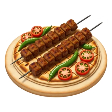 Adana kebab object icon, spicy grilled minced meat skewer, served on flatbread, grilled tomatoes and green peppers on the side, smoky char marks, juicy texture, 3D cartoon, mobile game icon style, centered, clean background, no text, no watermark
 sticker