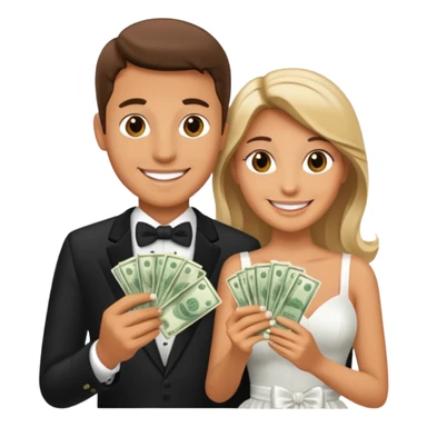 a newlywed couple holding money sticker