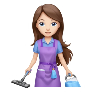 beautiful girl with long brown hair, blue eyes and wearing light purple clothes, cleaning and vacuuming sticker