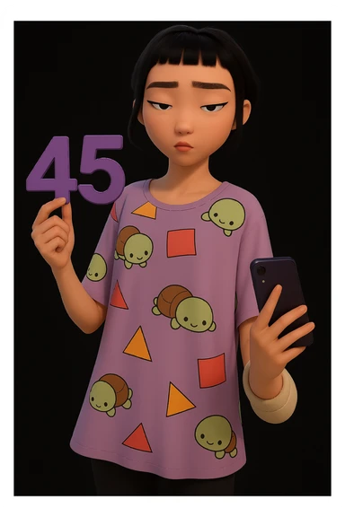Make the character hold the number 45 in their left hand, keeping the original style and pose. Only add the number 45, do not change anything else. sticker