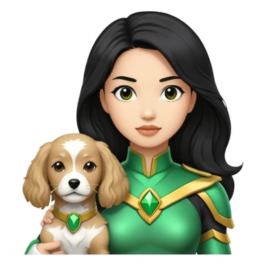 female green power ranger with wasian features, long black hair, and a fully light brown cockapoo dog at her side sticker