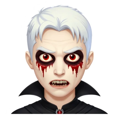 Creat a young man Vampire with white skin and white hair and full black vampire clothes and bloody eyes and long fangs and scary dead eyes sticker