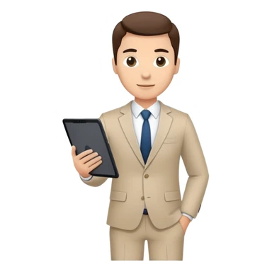 A flat-style illustration of a business executive confidently, holding a digital tablet or folder. The character wears smart business attire, clean cartoon style, white background, iOS emoji aesthetic. sticker