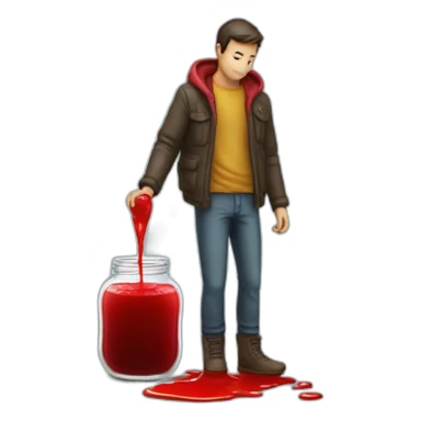 jar with red sirup leak and man standing sticker