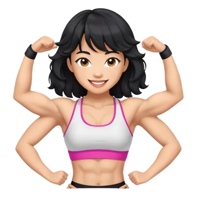Asian women with muscle on arms and abs. Black hair, wavy, bangs, light skin, flirty smiles, sports bra sticker