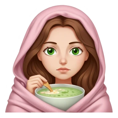 woman with very long brown hair and green eyes in a light pink blanket sleepy with porridge sticker
