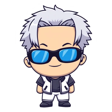 Satoru Gojo from Jujutsu Kaisen, white hair, dark sunglasses, confident smirk, blue eyes, chibi face proportions, energetic expression sticker