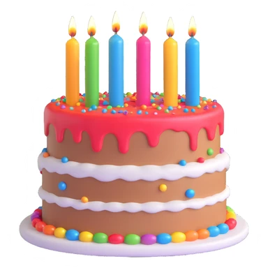 animated birthday cake, 3D style, glossy icing, colorful candles, sparkles sticker