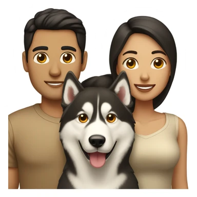 A couple man and woman Both have dark hair, with in the middle of them. A Husky. Golden beige sticker