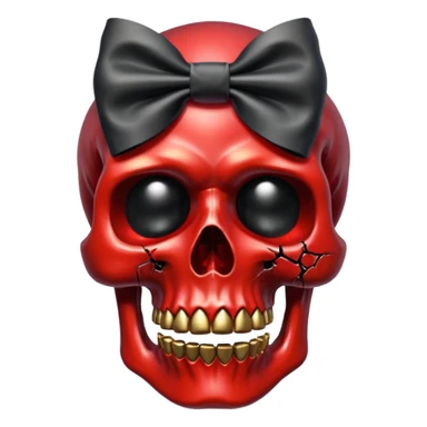 make me a red crystal skull partly see thew super gem like make it realistic and held together by a big black bow super realistic skull cracking all over the eyes are black gems with a hint of gold in the center sticker