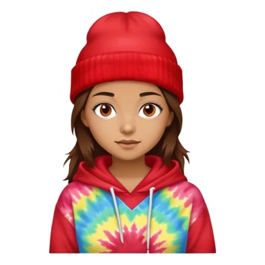 brunette girl with a red beanie on and a tiedye hoodie sticker