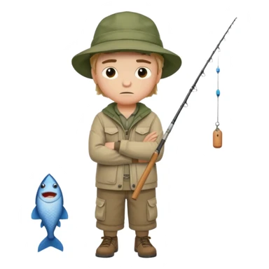 A boy with crossed arms, looking annoyed, dressed in fishing clothes full body sticker