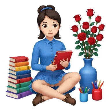 A woman with dark hair, straight and dark brown, styled in two buns, wears a blue long-sleeved shirt and a brown lace ruffled skirt. She holds a crayon in one hand. She sits on the floor with her legs crossed. The floor is covered with five stacks of colorful notebooks and a vase of red roses.  sticker